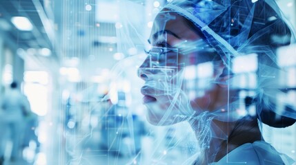 A female scientist in a laboratory setting, her face partially obscured by digital overlays, representing the intersection of human ingenuity and technology. The image symbolizes innovation, progress,