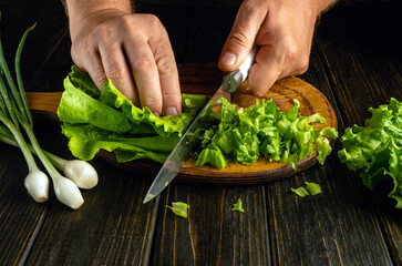 Chef preparing salad for breakfast. Cutting lettuce leaves on a kitchen board with a knife in the hands of the cook. Vegetarian menu concept for a restaurant.