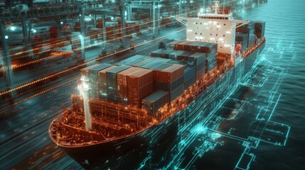 Futuristic cargo ship in a digitally enhanced port, showcasing advanced technology in shipping and logistics.