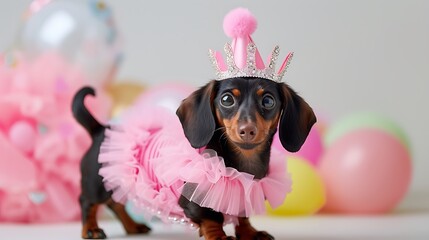 Cute Dachshund Puppy In Pink Princess Gown With Balloons