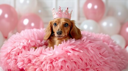 Cute Dachshund Wearing Pink Princess Dress with Crown