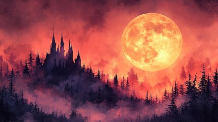 Silhouette of a spooky castle on a hill with a large glowing moon behind it, in a soft watercolor style, ideal for Halloween cards