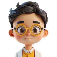 3D Rendered Illustration of a Cute Boy Wearing Glasses and a White Coat with a Happy Expression on White Background PNG Set
