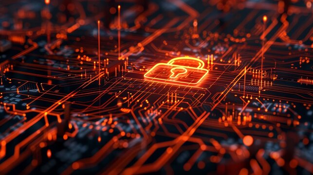 futuristic digital cybersecurity concept with glowing circuit board and lock symbol representing data protection and secure technology 