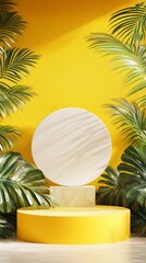 Obraz premium Vibrant Yellow 3D Podium: Minimalist Summer Product Display Platform. Abstract Tropical Stage with Palm Leaves for Cosmetics, Food, and Seasonal Marketing. Elegant Showcase Design for Creative Adverti
