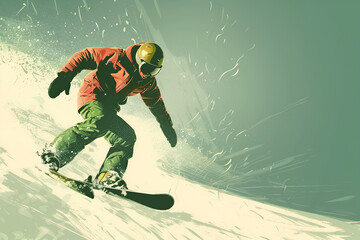 Stylized illustration of snowboarder carving down slope
