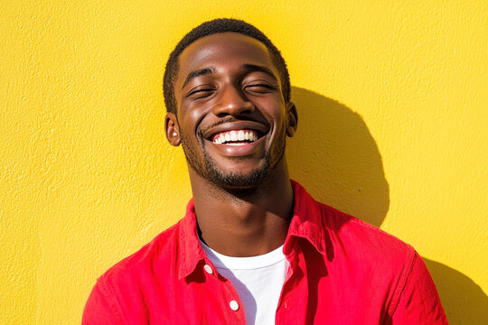 Black Man in Red Shirt and White T-Shirt, Laughing Joyfully on a Sunny Day, Close-Up Portrait with Sunlight and Yellow Wall Backdrop
 - Powered by Adobe