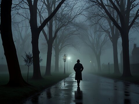Foggy night scene with a single streetlamp casting light, lonely man standing in the middle of an empty street.