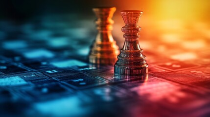 An artistic close-up of chess pieces on a colorful board, representing strategy, competition, and intellect in a vibrant setting.