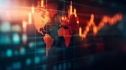 Obraz premium Dynamic financial market trends displayed on a world map, showcasing global economic fluctuations and investment opportunities.
