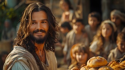 Obraz premium Close-up of Jesus handing bread and fish to children, food prominently displayed, intricate details on the loaves and fish, background of a peaceful hillside, soft morning light, hd quality,