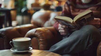 Man enjoying a cup of coffee while reading a book in a coffee shop
