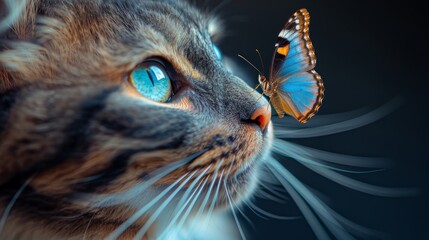 A cat sits attentively as a butterfly flutters close to its nose, showcasing the beauty of nature and the bond between animals
