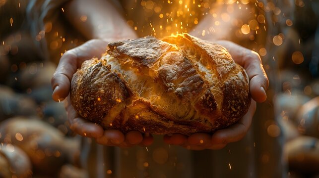 Close-up of Jesus' hands holding five loaves and two fish, divine light illuminating the scene, detailed textures on the bread and fish, softly blurred background with a serene landscape,