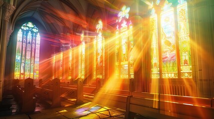 Sunlight Streaming Through Stained Glass in a Church