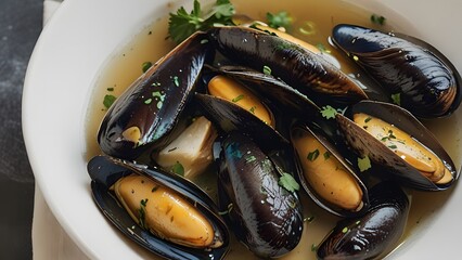 "Top view of steamed mussels in a garlic white wine broth served in a large bowl"