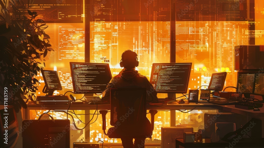 Poster create a stock photo featuring a silhouetted computer programmer working intensively at a desk, surr