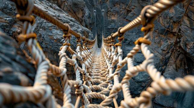 Rope bridge enveloping a dark chasm in a mountainous landscape. Close-up view of the braided macrame details on one side, with contrasting white netting and golden hues. Shot from an eye-level perspec