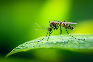 a close-up of an Aedes mosquito resting on leaf