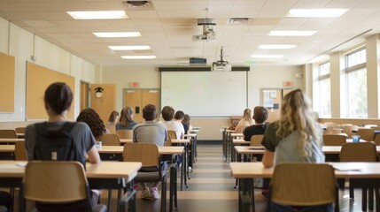 Fototapeta premium Quiet university classroom with students focused on individual study tasks.