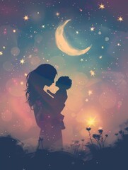 Silhouette of a mother and baby, whimsical illustration, set against a dreamy, pastel-colored twilight sky with softly glowing stars and a crescent moon. 