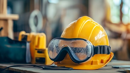 Yellow construction helmet and safety goggles on a workbench, representing industrial safety and protection on a job site.