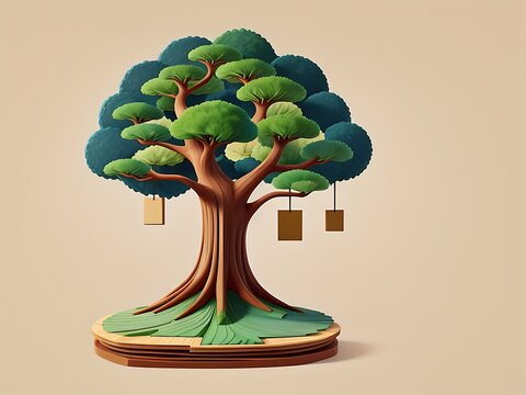 3D stylized tree, green foliage, and wooden base, minimalist design, nature illustration.