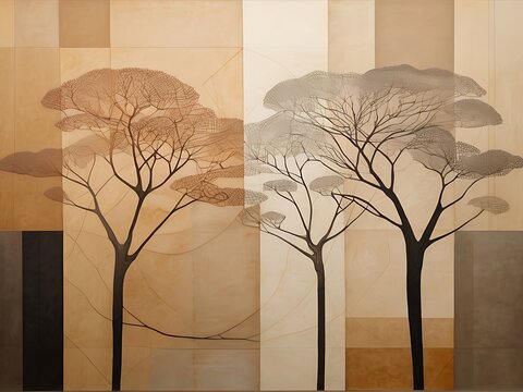 Minimalist Tree Art Paint: Geometric Abstract Nature Design in Earthy Tones