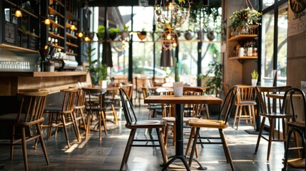 Empty coffee shop with clean tables and chairs ready for customers