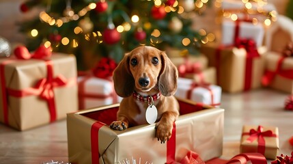 Miniature Dachshund Popping Out of Christmas Gift Box