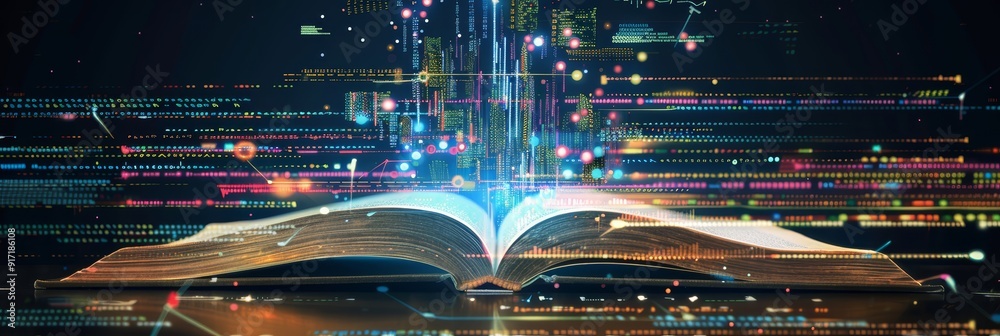 Poster open book with colorful data visualizations emerging symbolizing the intersection of knowledge and t