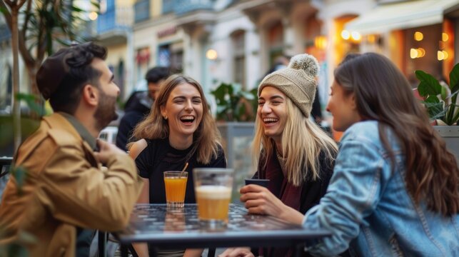 Friends laughing and chatting at outdoor coffee shop tables