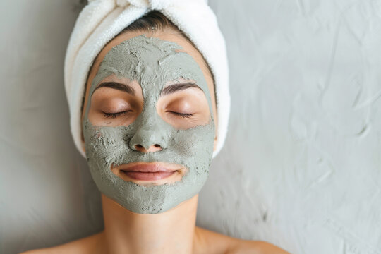 A woman relaxes with a green clay mask on her face, showcasing self-care and beauty routine in a serene setting.