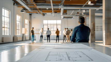 An architect observes a team discussing plans in a spacious, modern office environment filled with natural light.