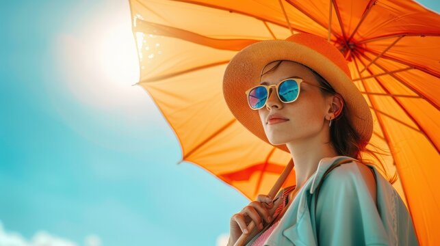 Sun-safe woman with a beach umbrella, applying sunscreen and wearing protective clothing.