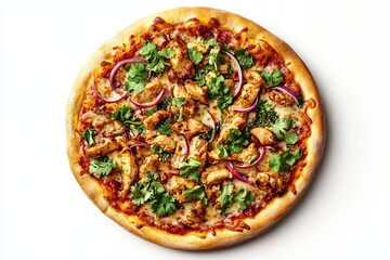 BBQ chicken pizza with red onions and cilantro isolated on a white, top view