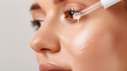 Obraz premium Close-up of a woman applying serum to under-eye area, showcasing skincare routine and healthy, radiant skin.