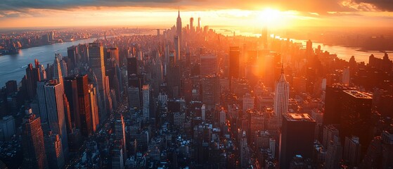 Golden Hour Glow Aerial View of Cityscape with Modern Skyscrapers and Urban Hustle at Sunset