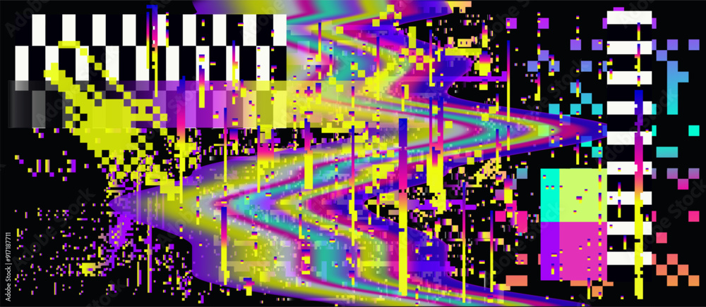 Fototapete retrofuturistic abstract background with pixelated glitches and ambient light leak effects.