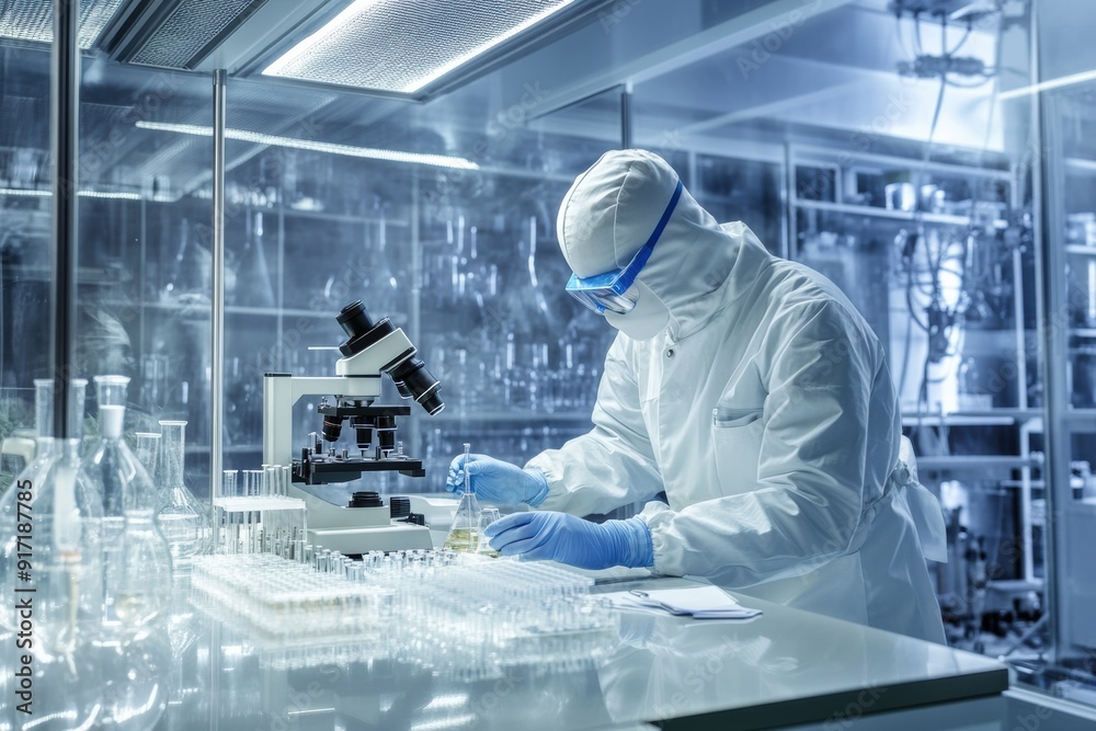 Wall mural a scientist in a lab coat is wearing a mask