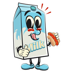 character of a cute milk box cartoon vector isolated clip art mascot illustration with hotdog, work of hand drawn