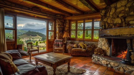 Photo of a cottage with a fireplace and large vents with a mountain view. A cozy country hotel with a city view and nature views.