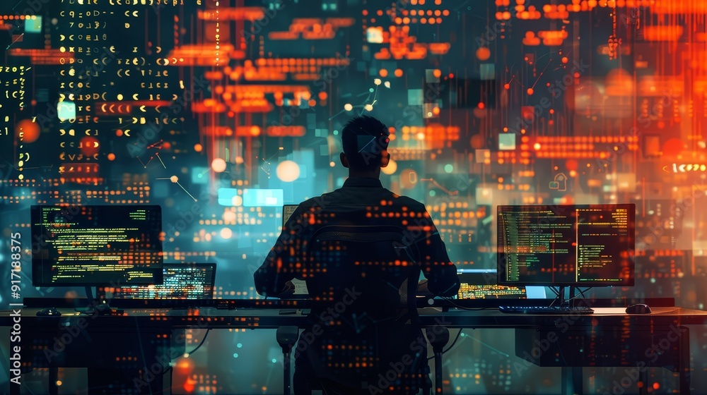 Poster create a stock photo featuring a silhouetted computer programmer working intensively at a desk, surr