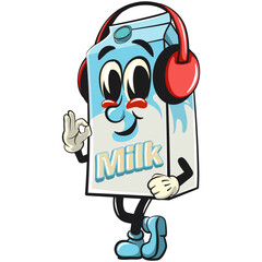 character of a cute milk box cartoon vector isolated clip art mascot illustration wearing a headset, work of hand drawn