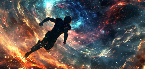 Silhouetted American football player leaping in dynamic motion against a backdrop of swirling galaxies and nebulae vibrant colors contrast between dark silhouette and bright cosmic background epic spo