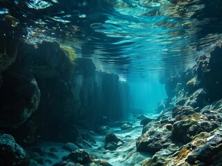 Underwater Cave with Sunlight Shining Through