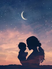 Silhouette of a mother and baby, whimsical illustration, set against a dreamy, pastel-colored twilight sky with softly glowing stars and a crescent moon