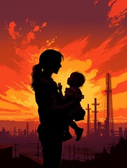 A silhouette of a mother holding her child, gazing at each other against a backdrop of an orange sunset and an industrial skyline, symbolizing hope, love, family, resilience, and the challenges of lif