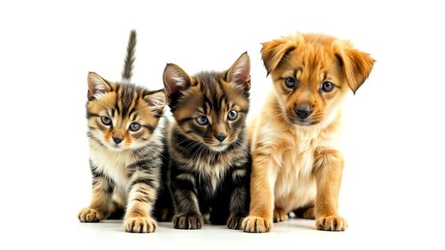 Two Kittens and a Puppy: Adorable Pets Pose Together on a White Background. Animal Friendship, Cutest Friends Concept. Adorable Pets & Unlikely Friends
