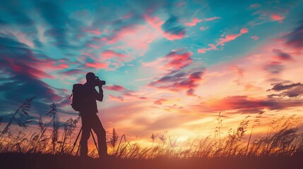 Fototapeta premium Photographer silhouetted against a vibrant sunset, whimsical illustration style, capturing the magic of creativity in the air 